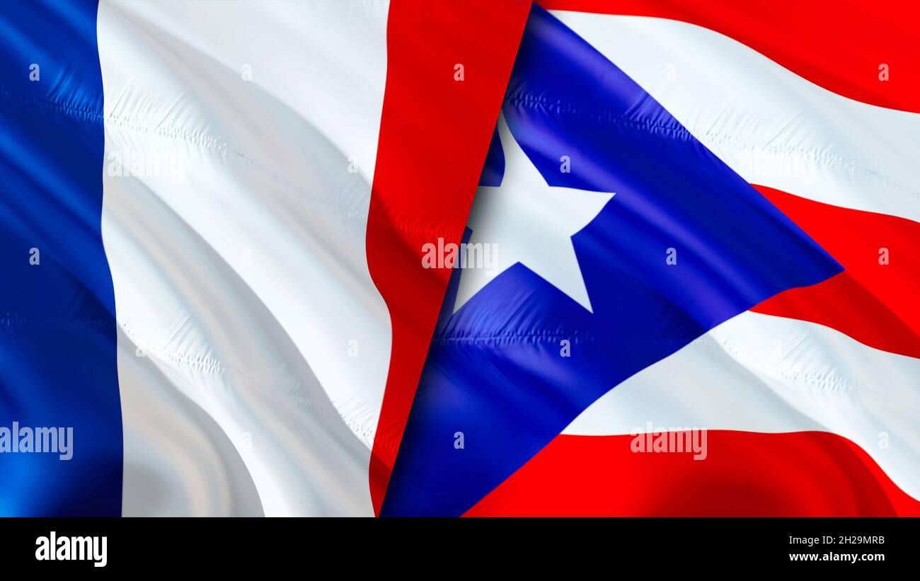 France and Puerto Rico flags. 3D Waving flag design. France Puerto Rico
