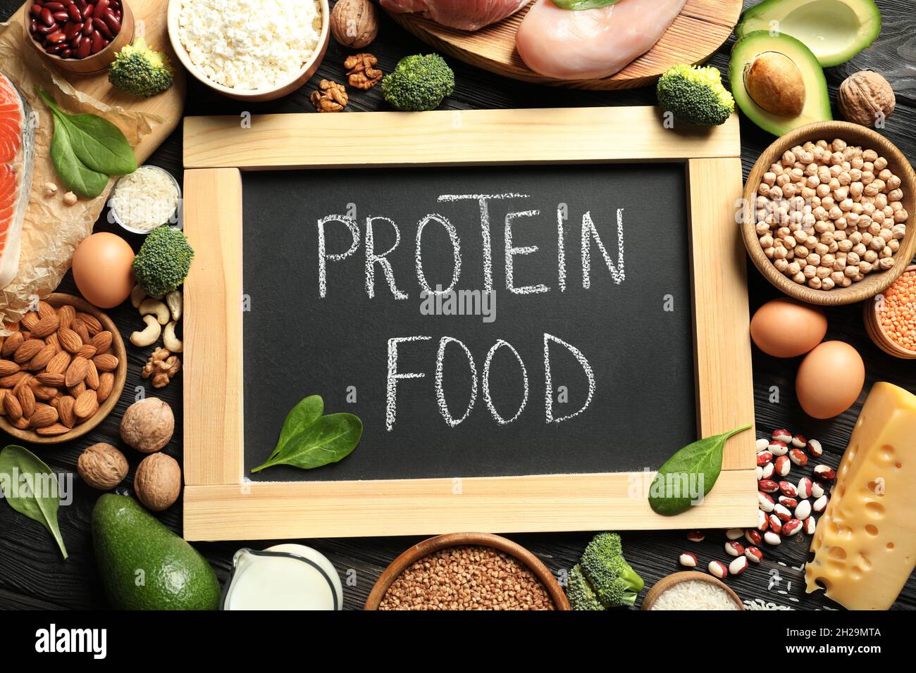 Protien Written Chalkboard with written text Protein Food among natural products, top ...
