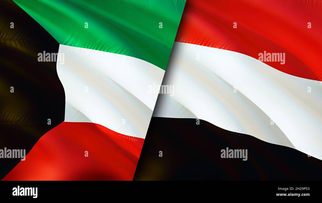 Kuwait and Yemen flags. 3D Waving flag design. Yemen Kuwait flag