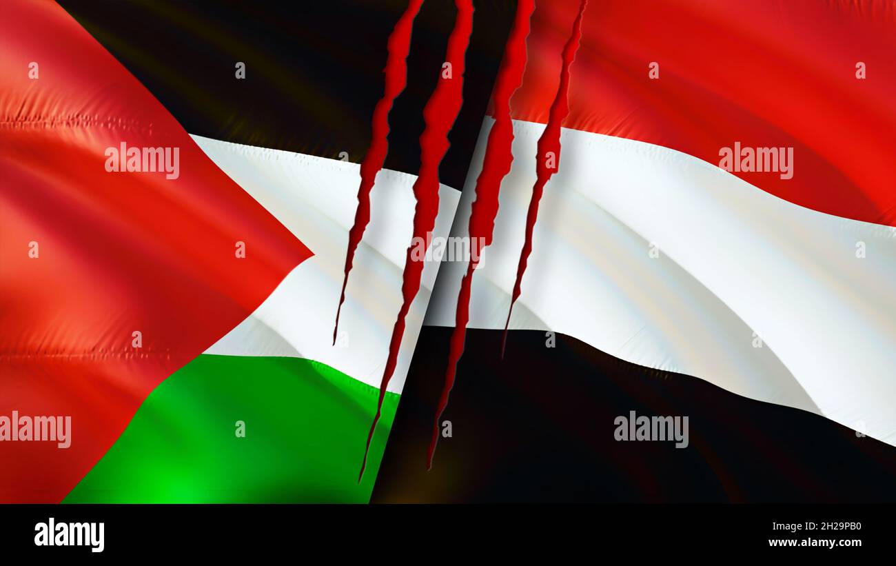 Palestine and Yemen flags with scar concept. Waving flag,3D rendering