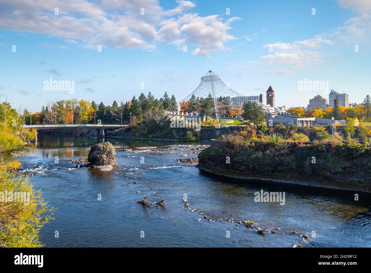 View of the Spokane River near the dam and alongside the pavilion at