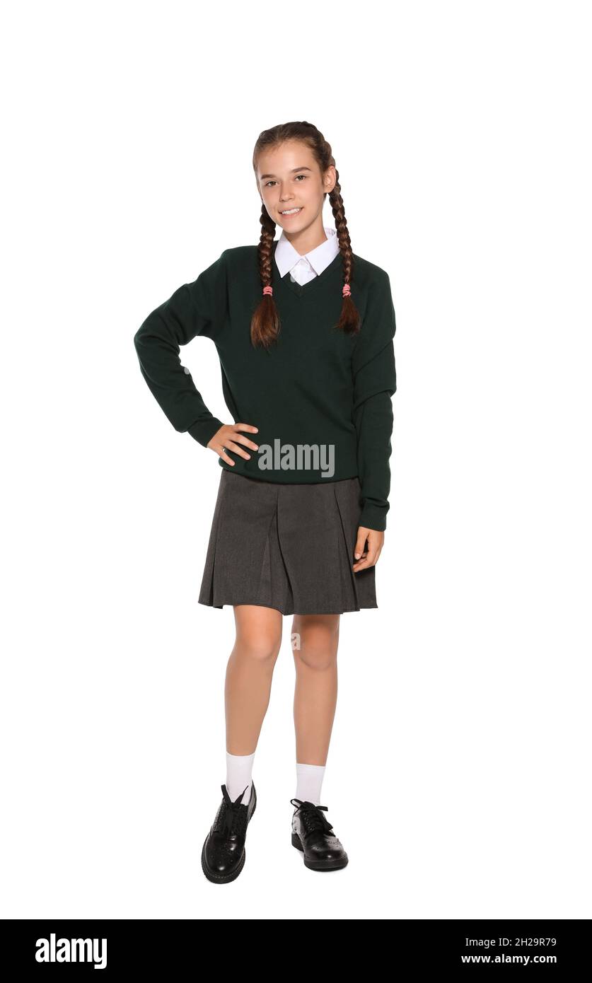 Teenage girl in stylish school uniform on white background Stock Photo -  Alamy