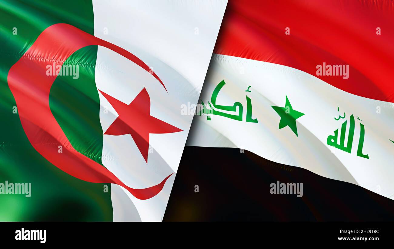 Algeria flag vs Iraq flag background. Mixed Algeria and Iraq flag. Crisis between Algeria and Iraq international meeting or negotiations concept.Confl Stock Photo