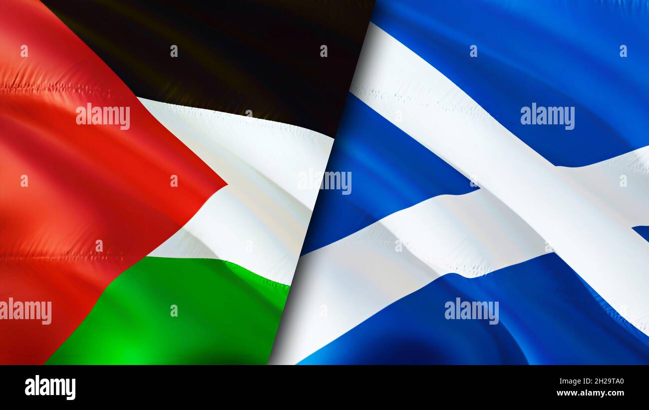 Palestine and Scotland flags. 3D Waving flag design. Palestine Scotland