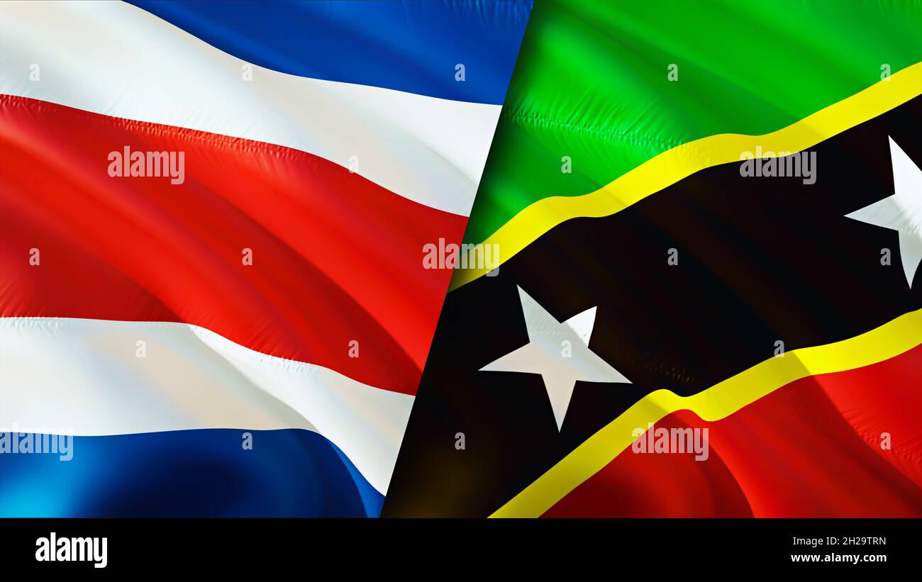 Costa Rica and Saint Kitts and Nevis flags. 3D Waving flag design