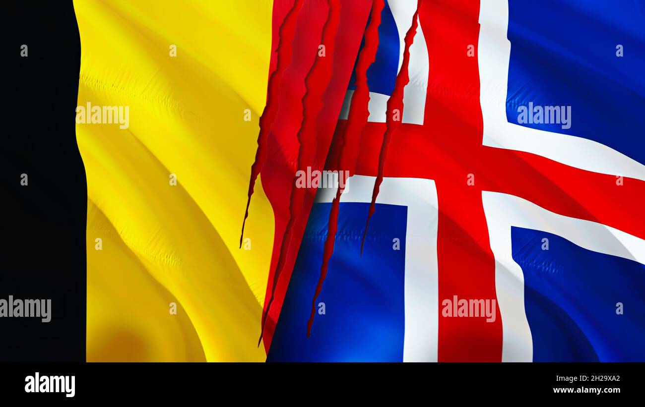 Belgium and Iceland flags with scar concept. Waving flag,3D rendering