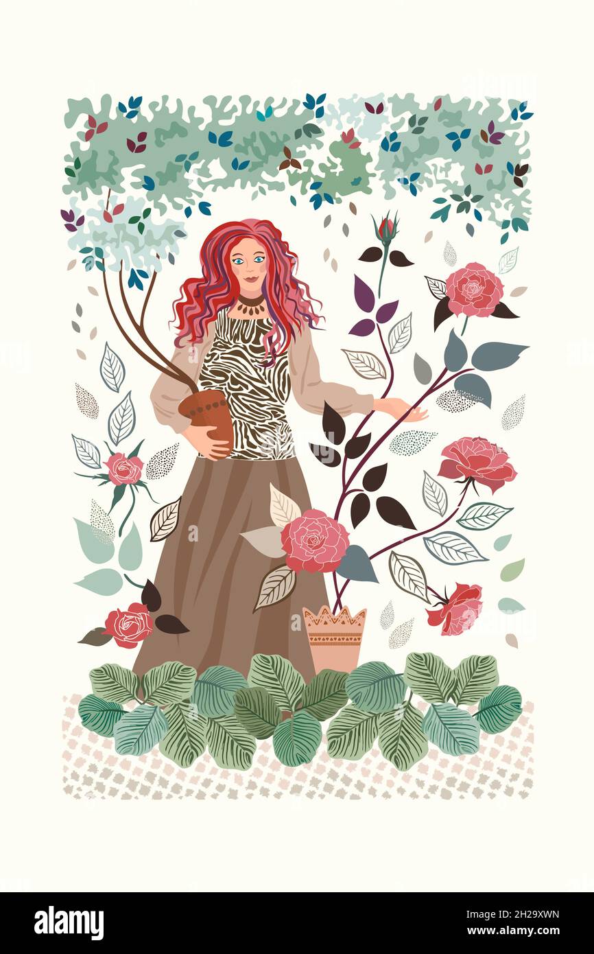 A lady with blue eyes and pinky purple curly hair in her indoor garden with coral roses and other lush plants. She is definitely having a green thumb! Stock Vector