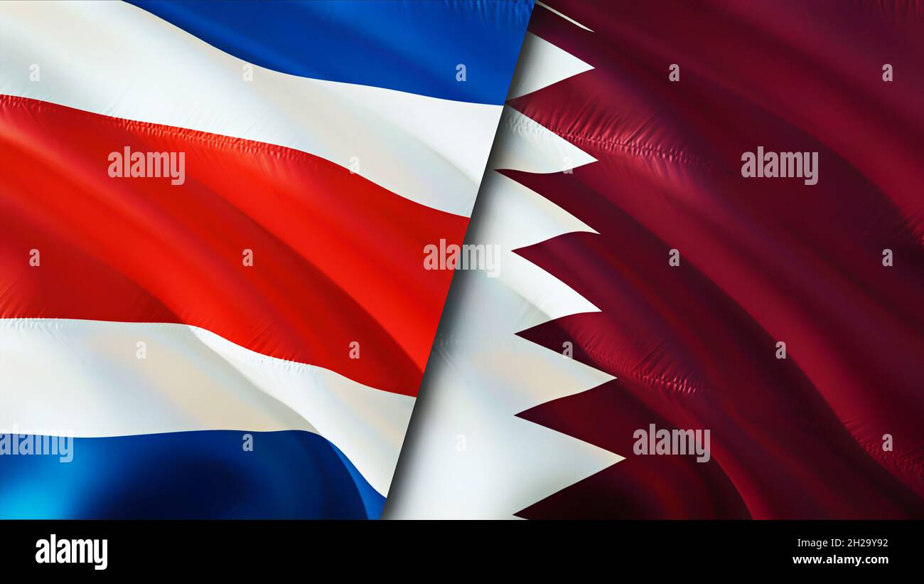 Costa Rica and Qatar flags. 3D Waving flag design. Costa Rica Qatar
