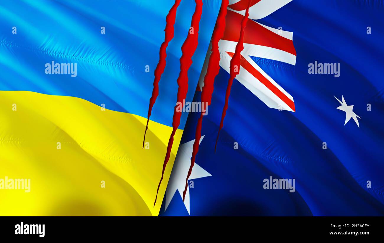 Ukraine and Australia flags with scar concept. Waving flag,3D rendering. Ukraine and Australia conflict concept. Ukraine Australia relations concept. Stock Photo