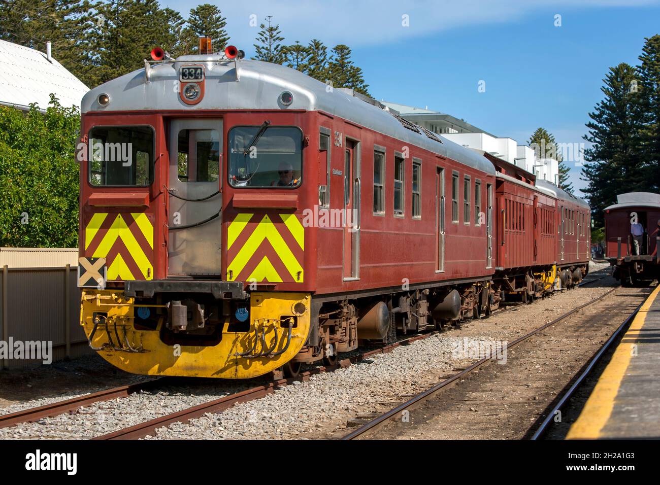Engine 334, a 300 class powercar, also known as a Red Hen, sits at Victor Harbor station in South Australia, Australia. Stock Photo