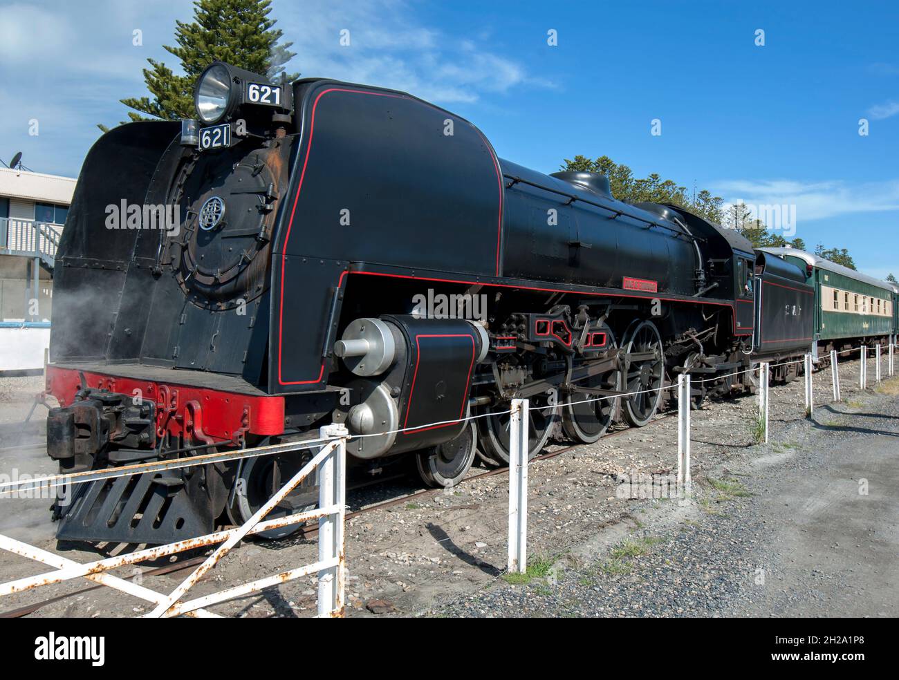 Engine 621, a 1936  built steam locomotive named Duke of Edinburgh, sits at Victor Harbor station in South Australia, Australia. Stock Photo
