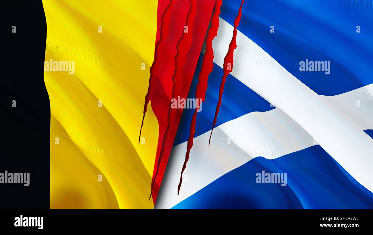 Belgium and Scotland flags with scar concept. Waving flag,3D rendering