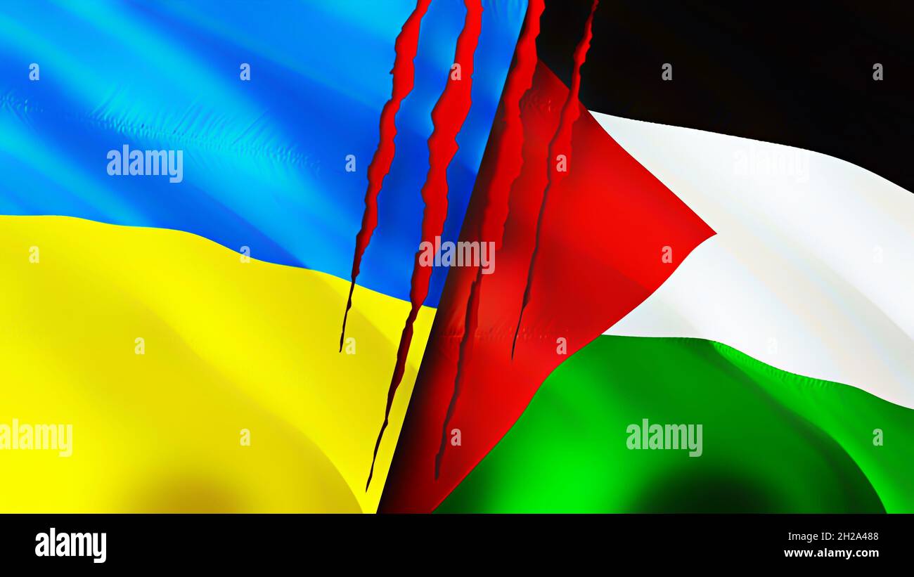 Ukraine and Palestine flags with scar concept. Waving flag,3D rendering