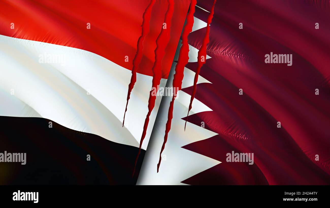 Yemen And Qatar Flags With Scar Concept Waving Flag3d Rendering Yemen And Qatar Conflict 