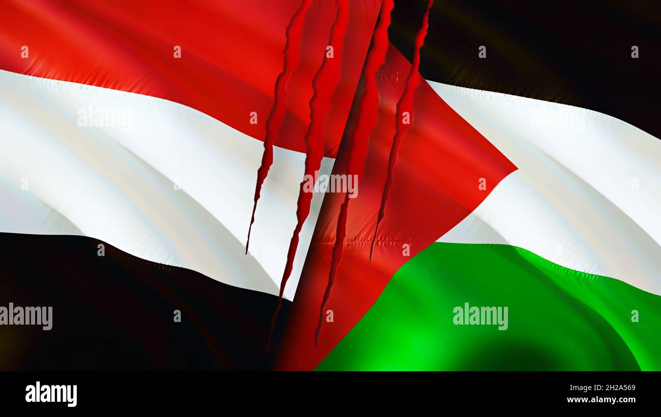 Yemen and Palestine flags with scar concept. Waving flag,3D rendering. Yemen and Palestine conflict concept. Yemen Palestine relations concept. flag o Stock Photo