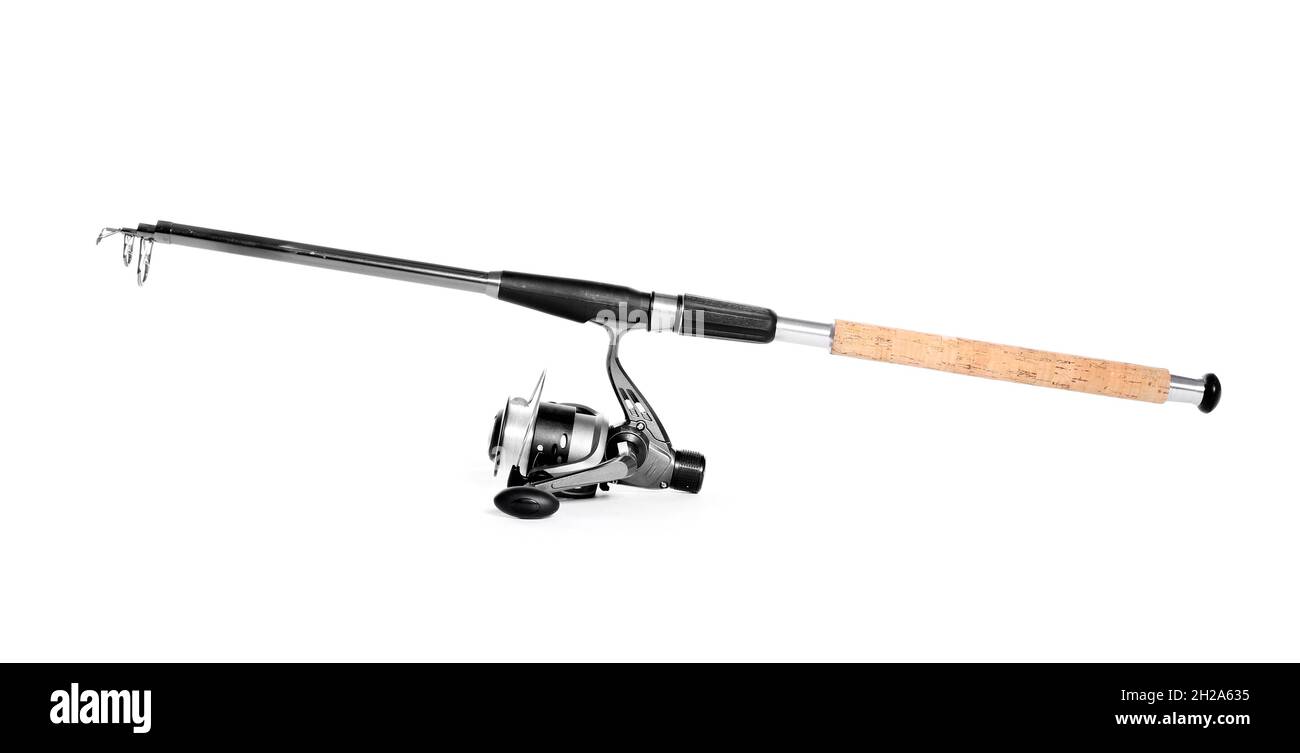 Modern fishing rod with reel on white background Stock Photo - Alamy