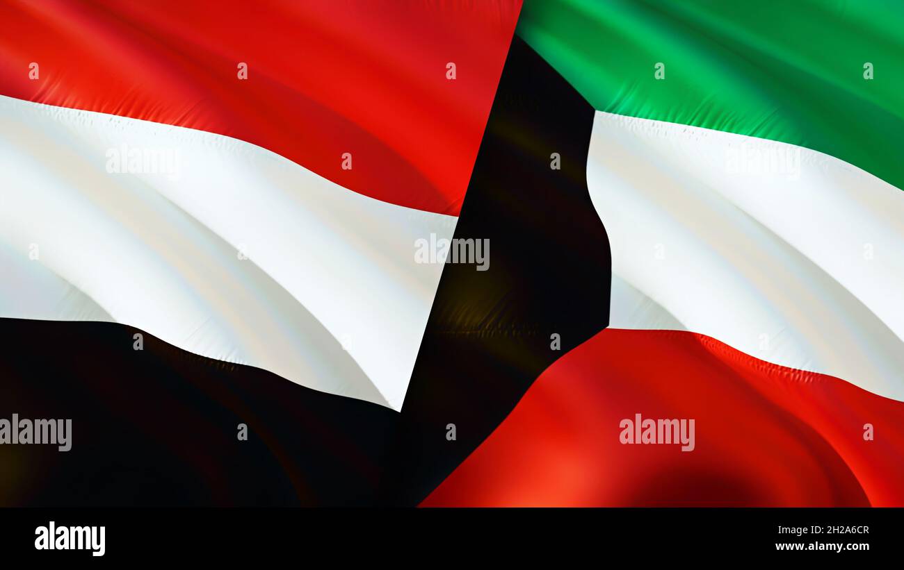 Yemen and Kuwait flags. 3D Waving flag design. Yemen Kuwait flag