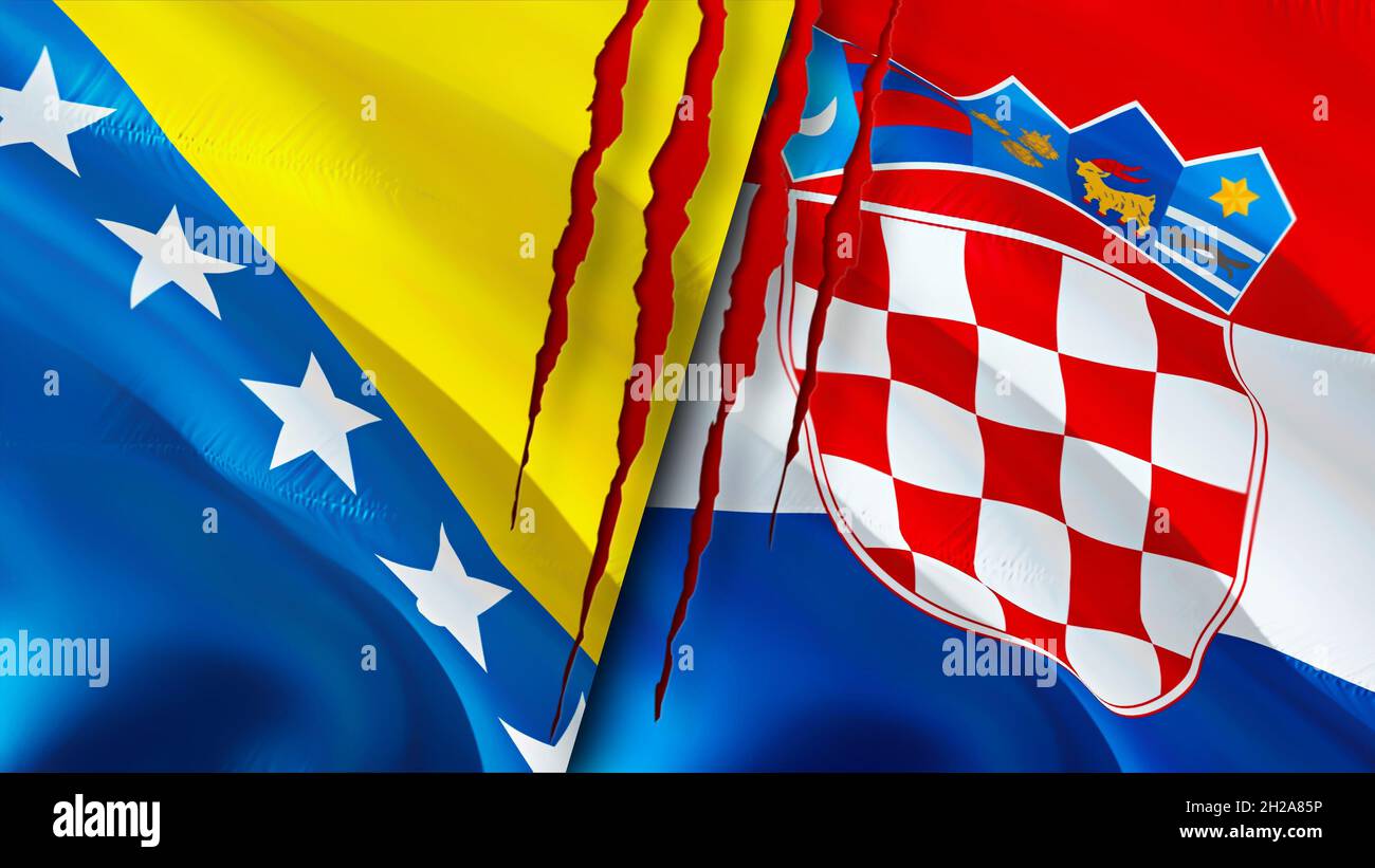 Bosnia and Croatia flags with scar concept. Waving flag,3D rendering. Croatia and Bosnia and Herzegovina conflict concept. Bosnia Croatia relations co Stock Photo