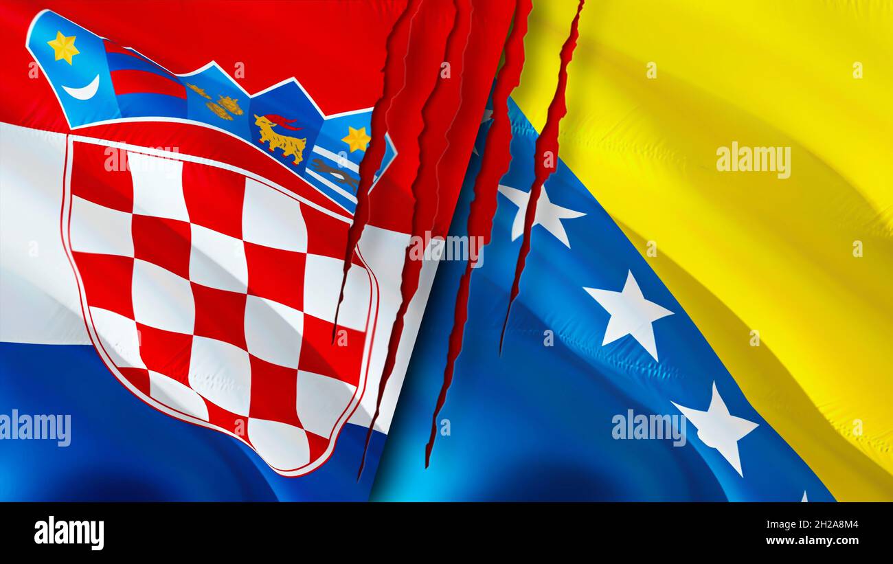 Croatia and Bosnia and Herzegovina flags with scar concept. Waving flag,3D rendering. Bosnia and Herzegovina and Croatia conflict concept. Croatia Bos Stock Photo