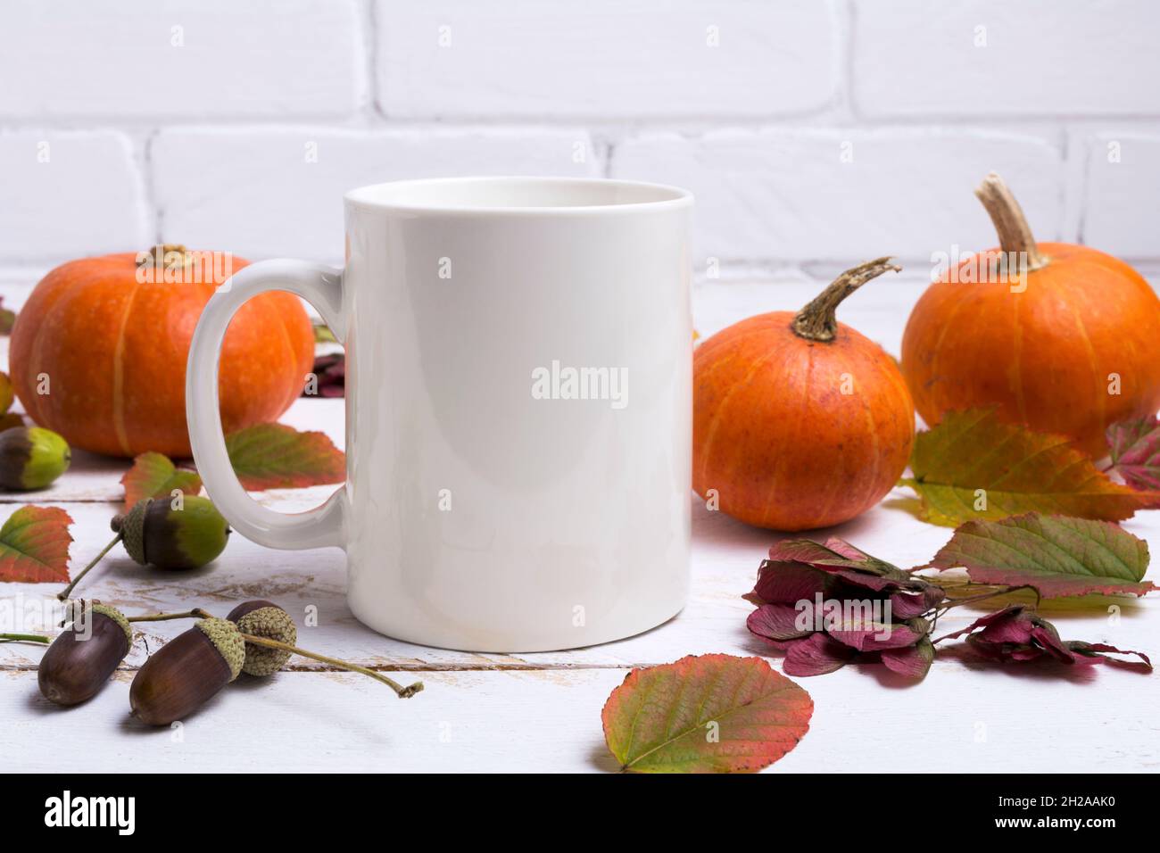 Falling Mug Empty White coffee mug mockup thanksgiving with pumpkins, fall leaves and ...