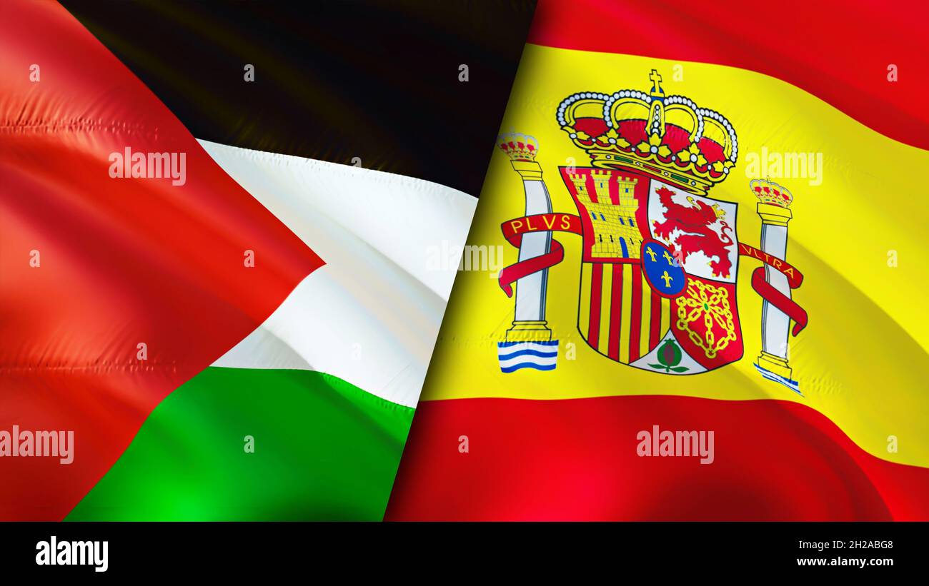 Palestine and Spain flags. 3D Waving flag design. Palestine Spain flag