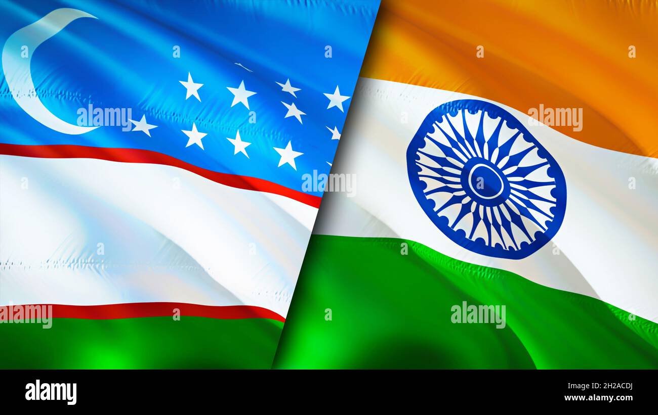 Uzbekistan and India flags. 3D Waving flag design. Uzbekistan India