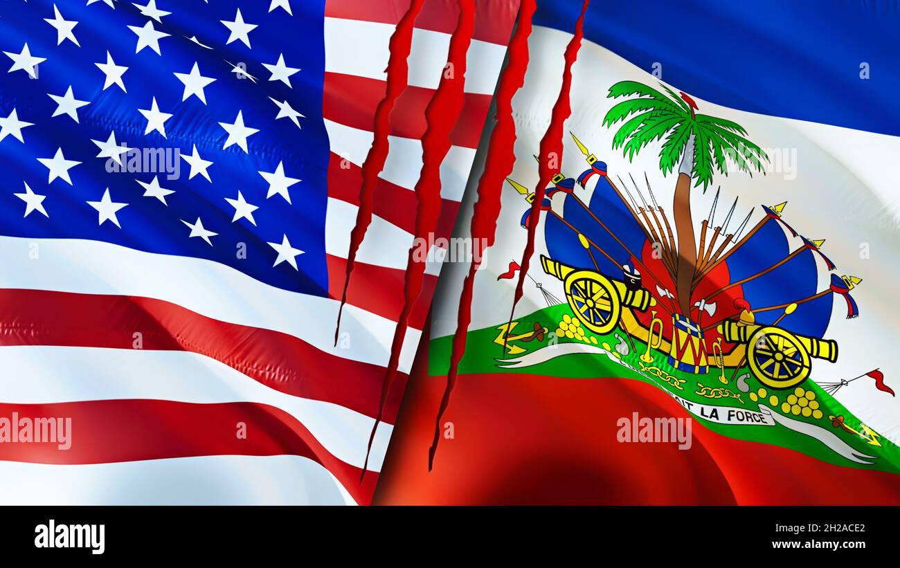 United States and Haiti flags with scar concept. Waving flag,3D rendering. United States and 