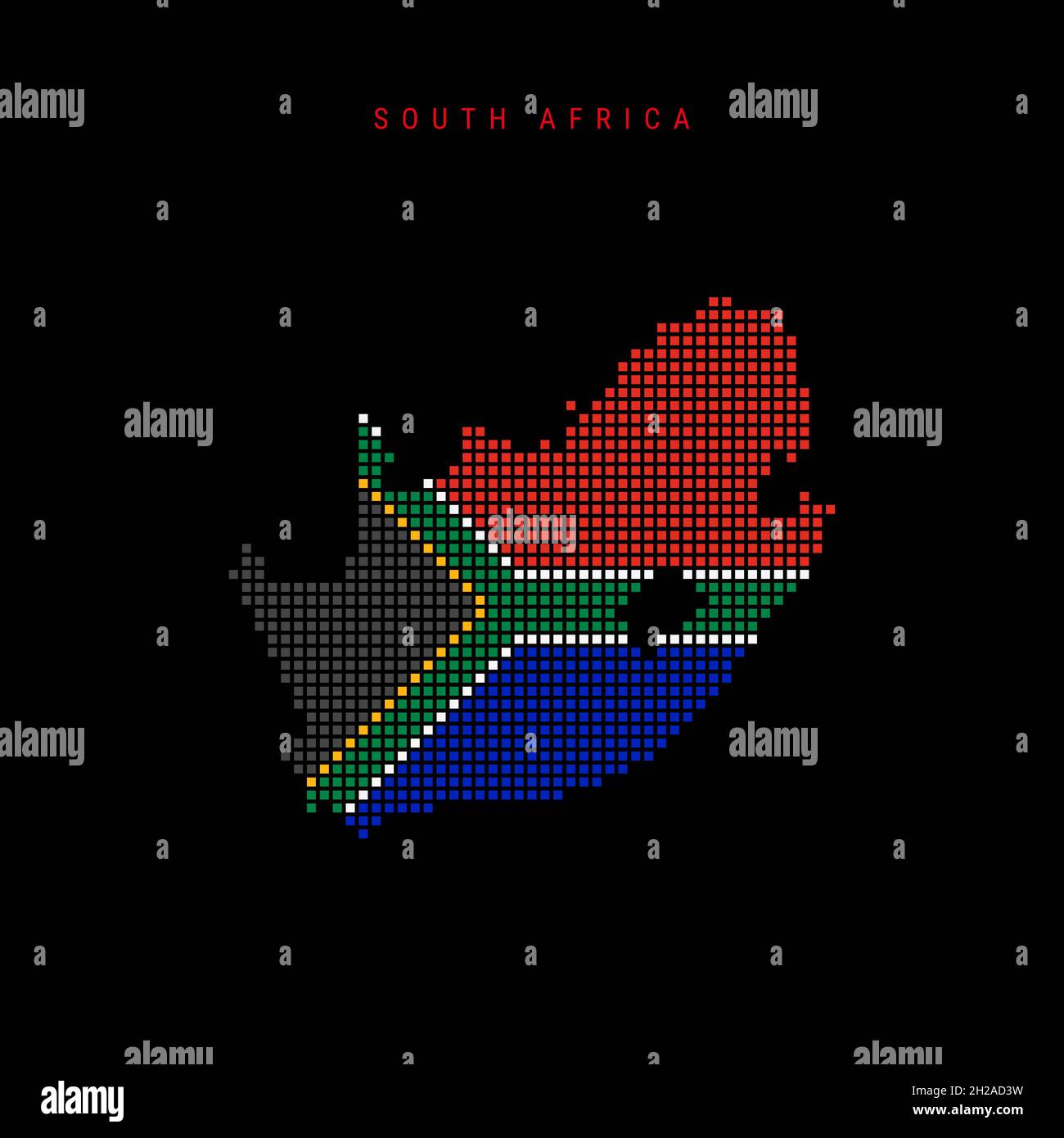 Square dots pattern map of South Africa. Dotted pixel map with national flag colors isolated on black background. Vector illustration. Stock Vector