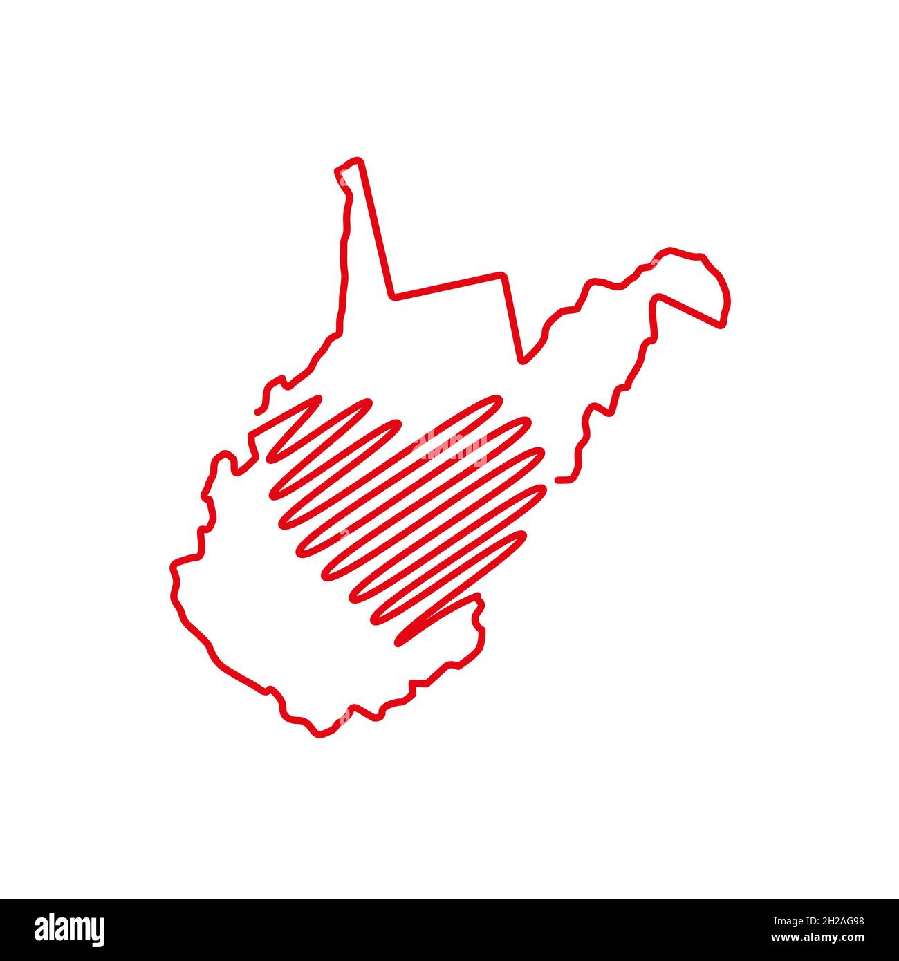 West Virginia US state red outline map with the handwritten heart shape