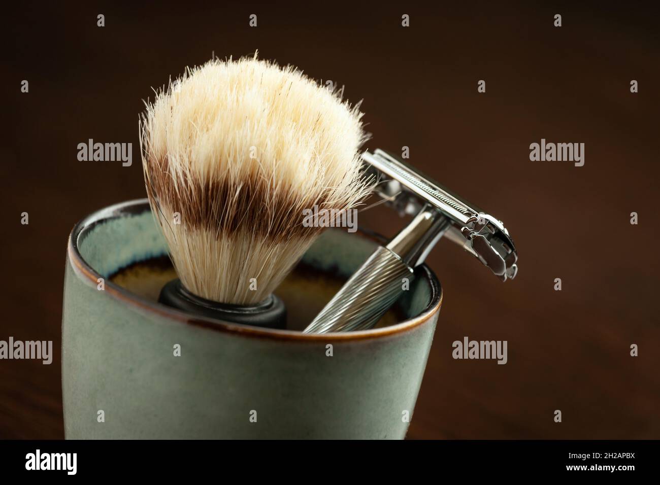 Set of accessories for classic men's wet shaving. Stock Photo