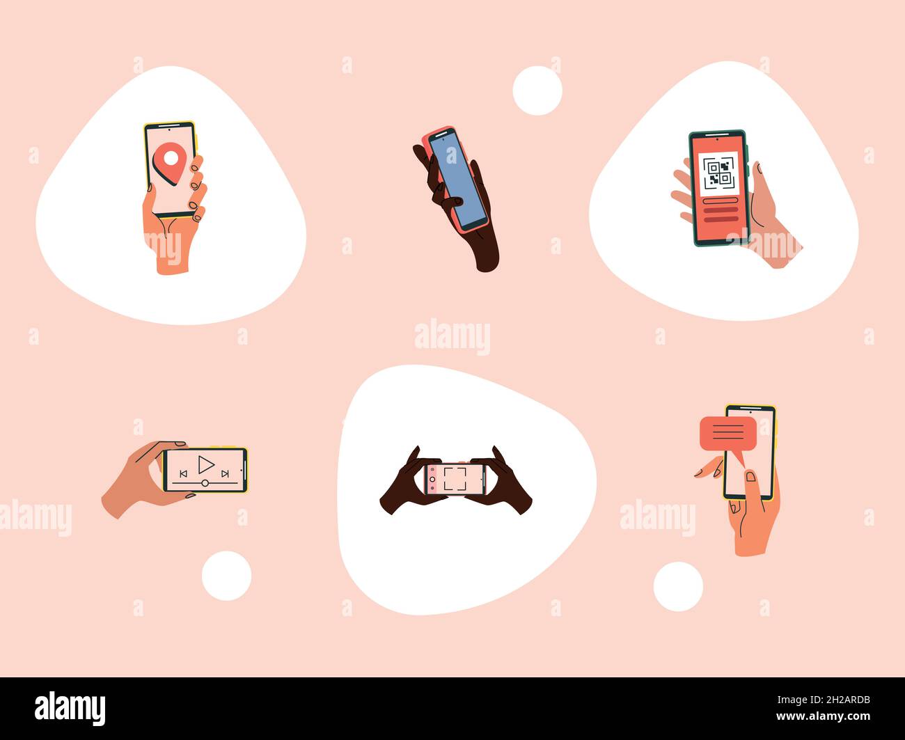 six hands using smartphones Stock Vector