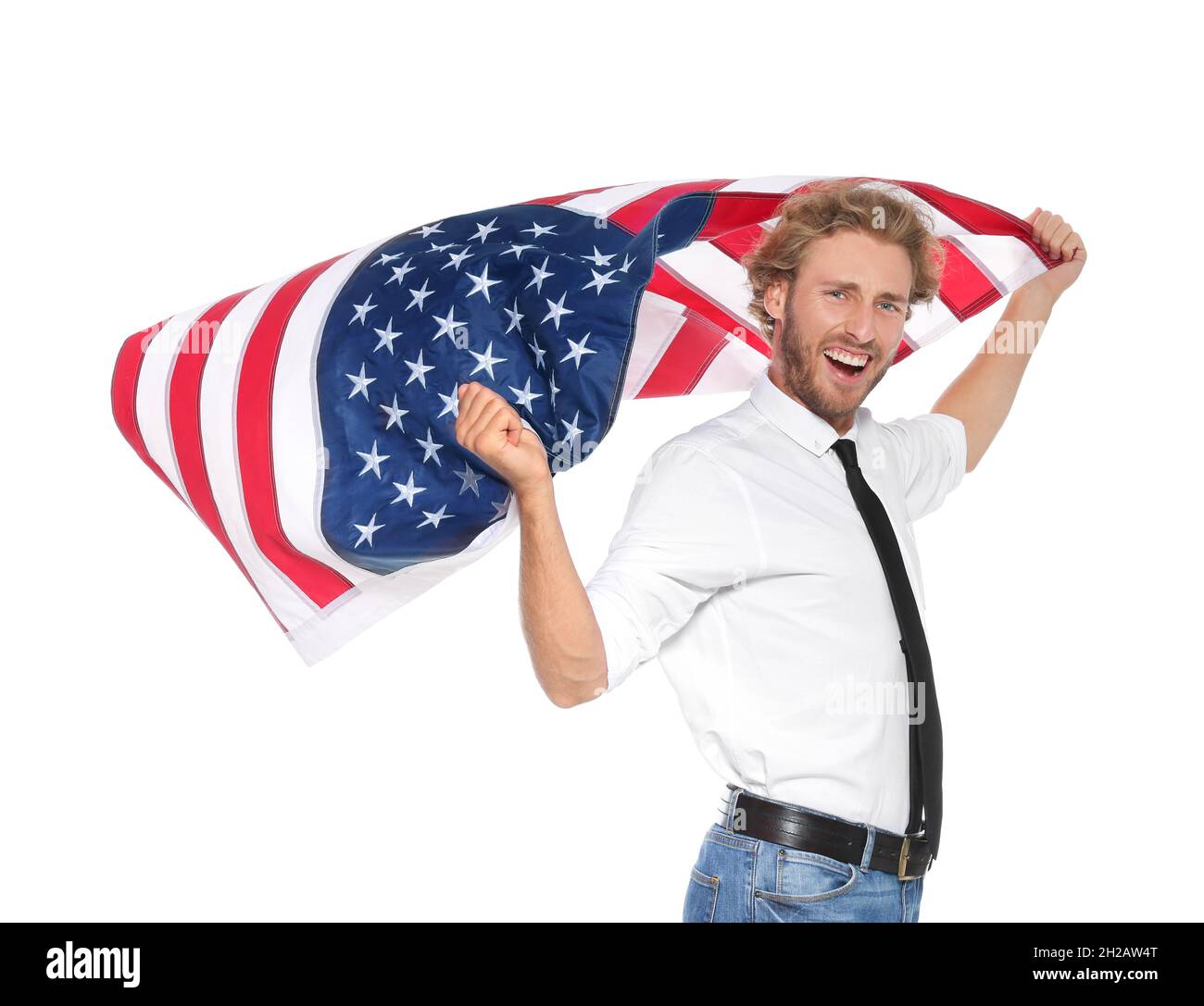 Young man with American flag on white background Stock Photo - Alamy