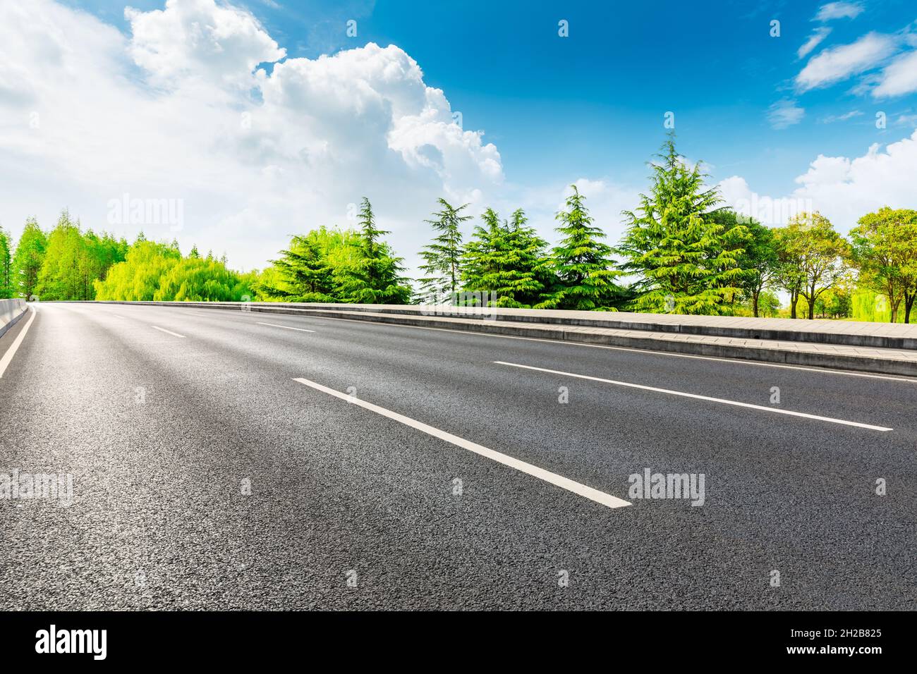 Empty asphalt road and green trees in spring season Stock Photo - Alamy