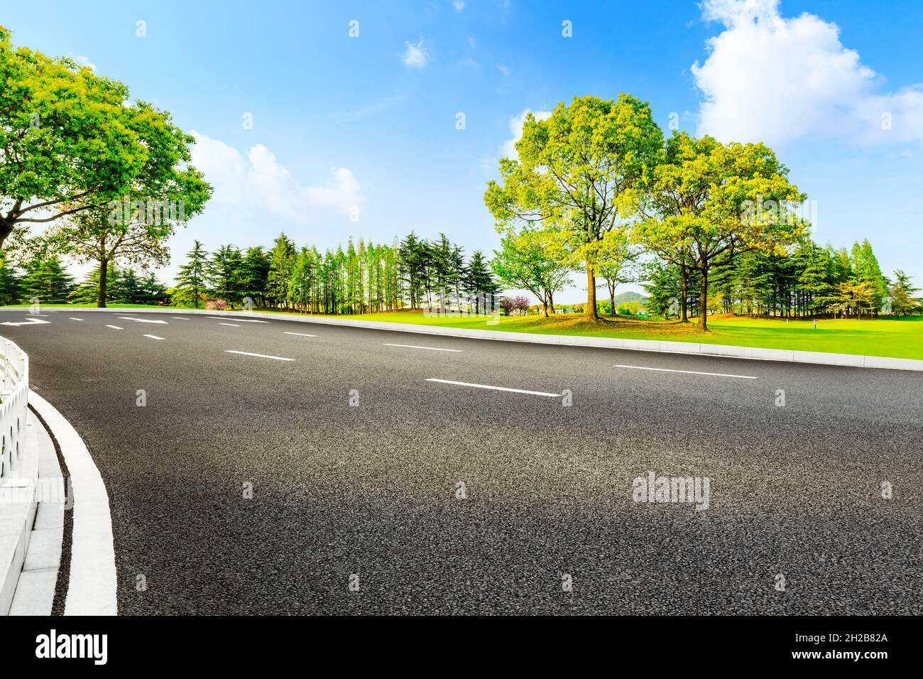 Empty asphalt road and green trees in spring season Stock Photo - Alamy