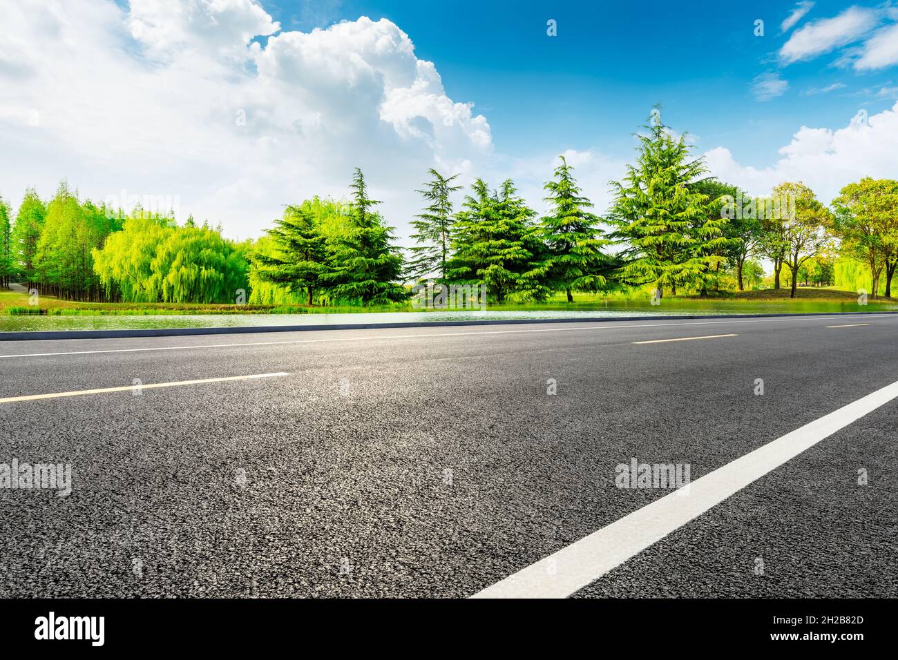 Empty asphalt road and green trees in spring season Stock Photo - Alamy