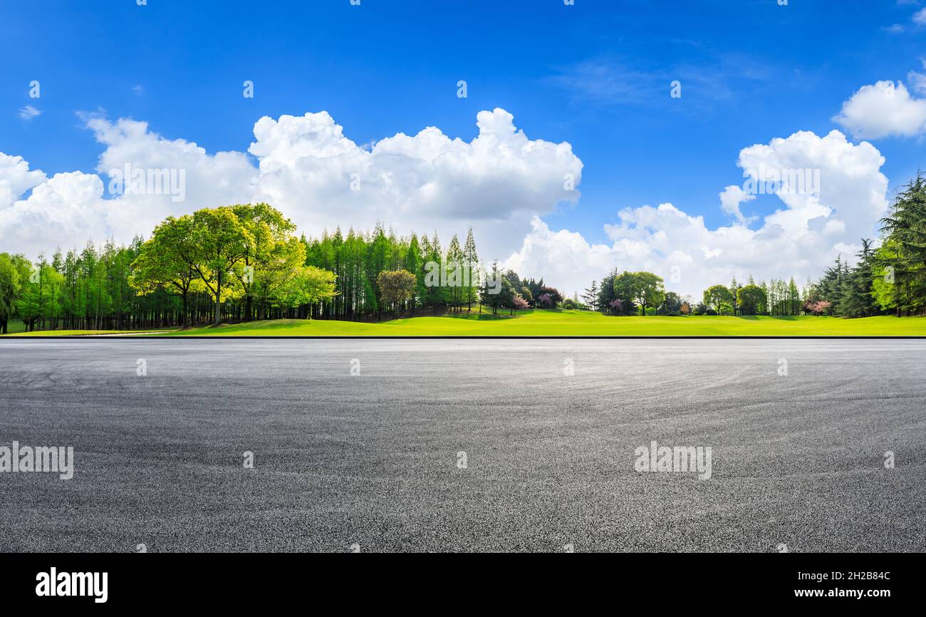 Empty asphalt road and green forest under blue sky Stock Photo - Alamy