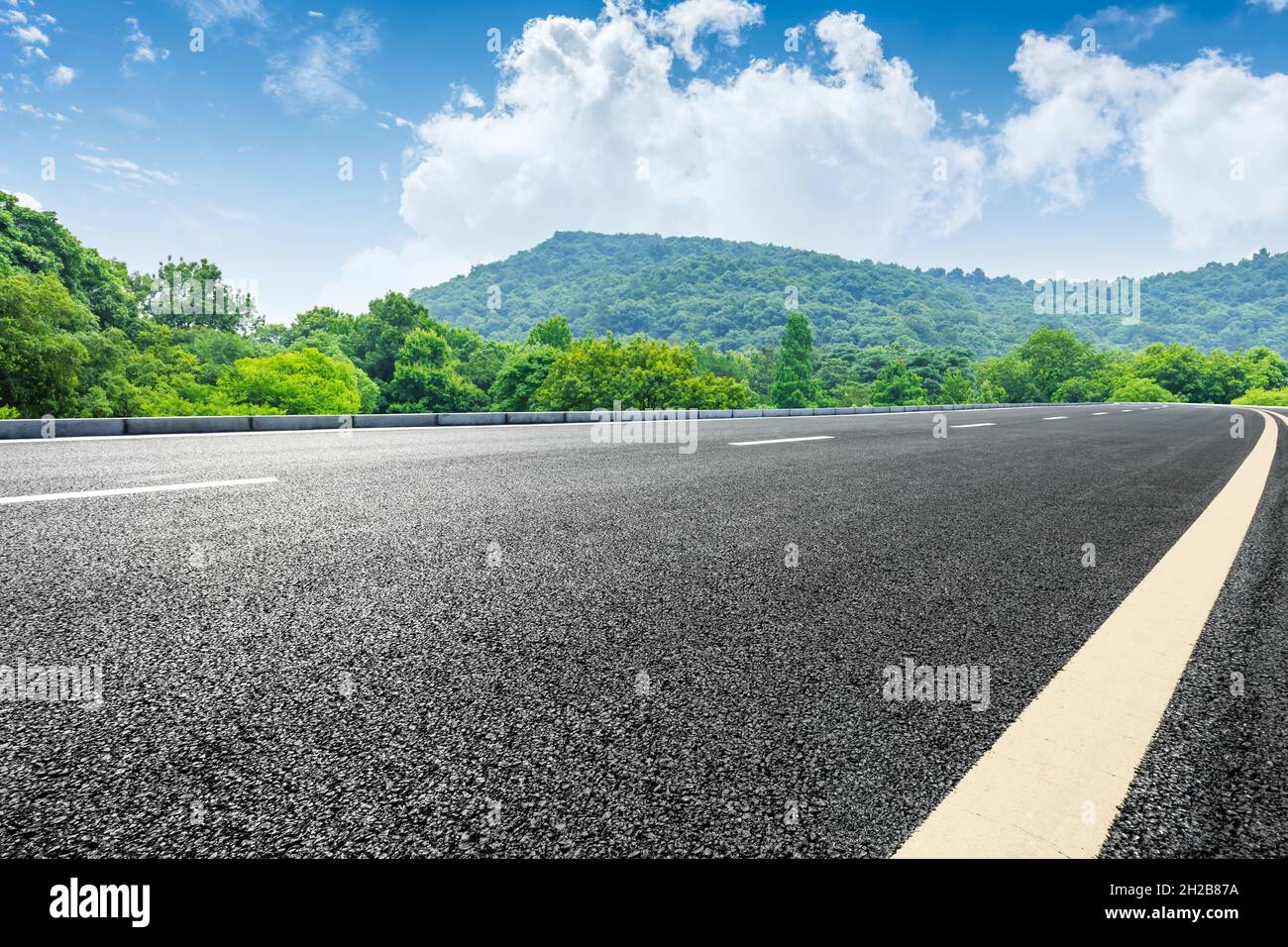 Asphalt road and green forest in spring Stock Photo - Alamy