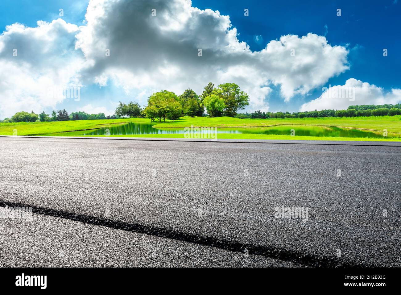 Asphalt road and green forest in spring season Stock Photo - Alamy