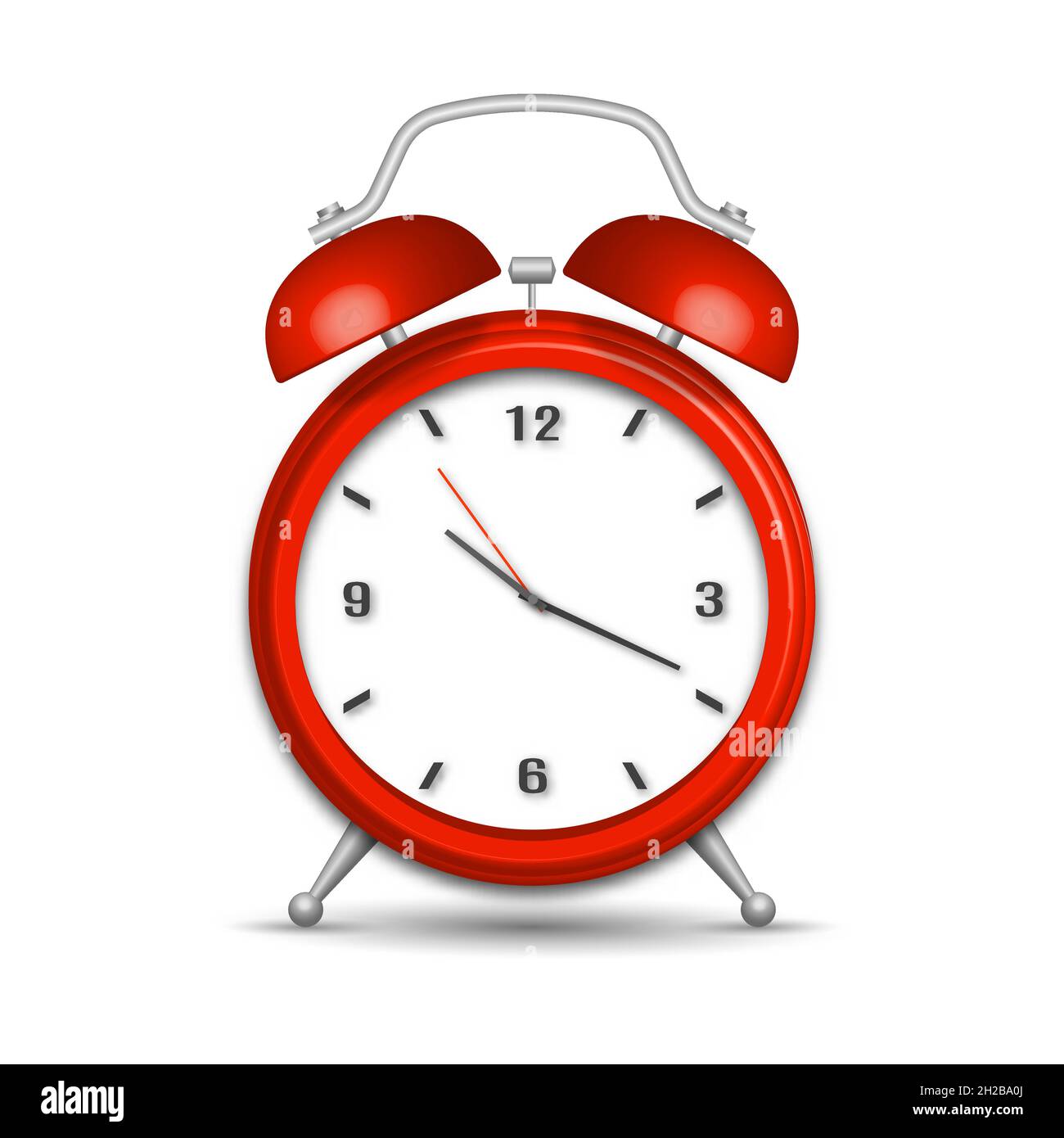 Realistic red alarm clock with shadow isolated on white background. 3D ...