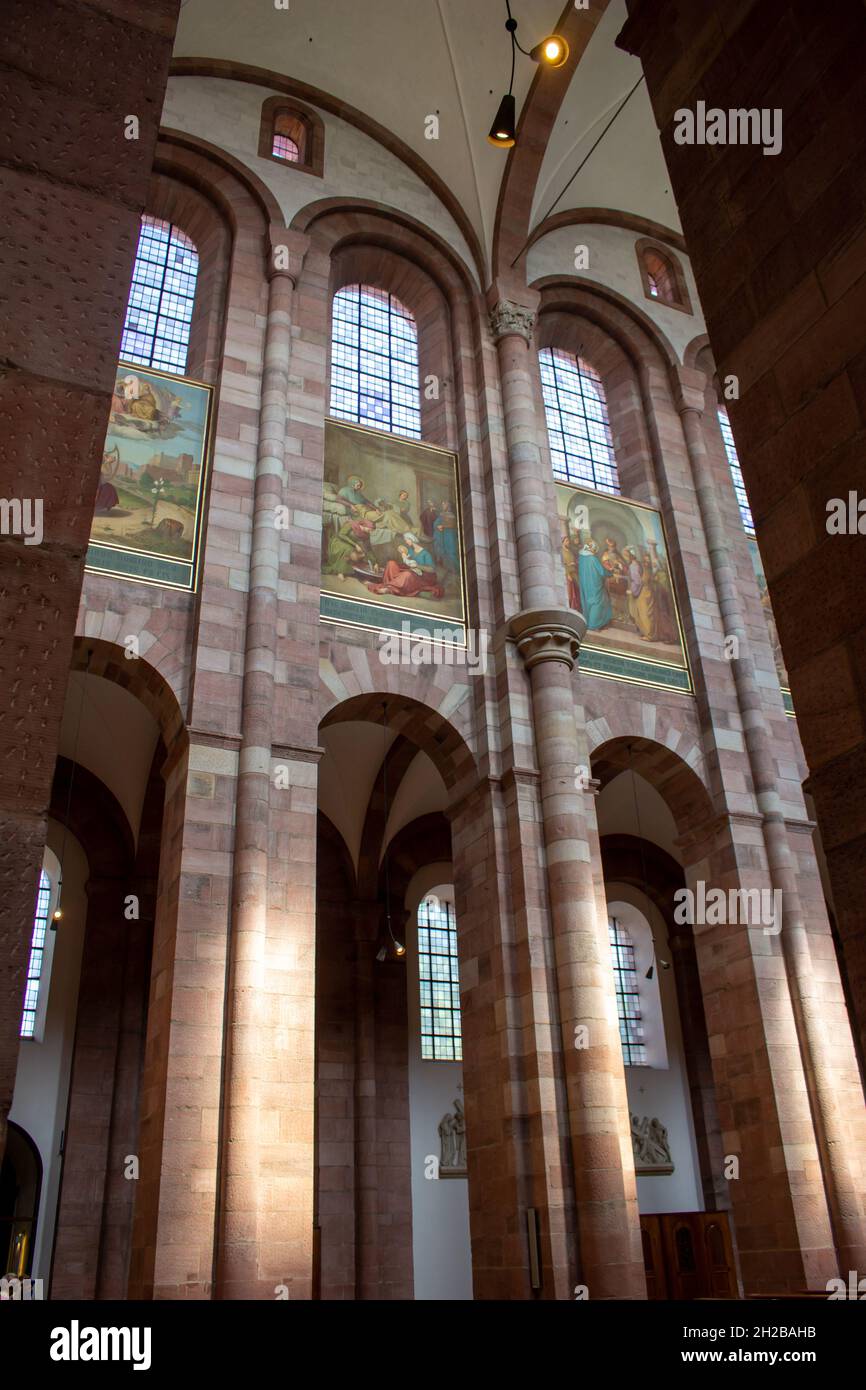 Close up interior view of the Speyer Cathedral, also called the Imperial Cathedral Basilica of the Assumption and St Stephen Stock Photo