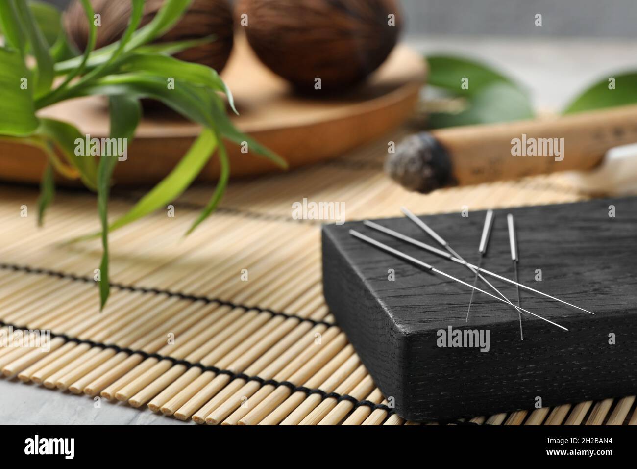 Board with needles for acupuncture on bamboo mat Stock Photo Alamy