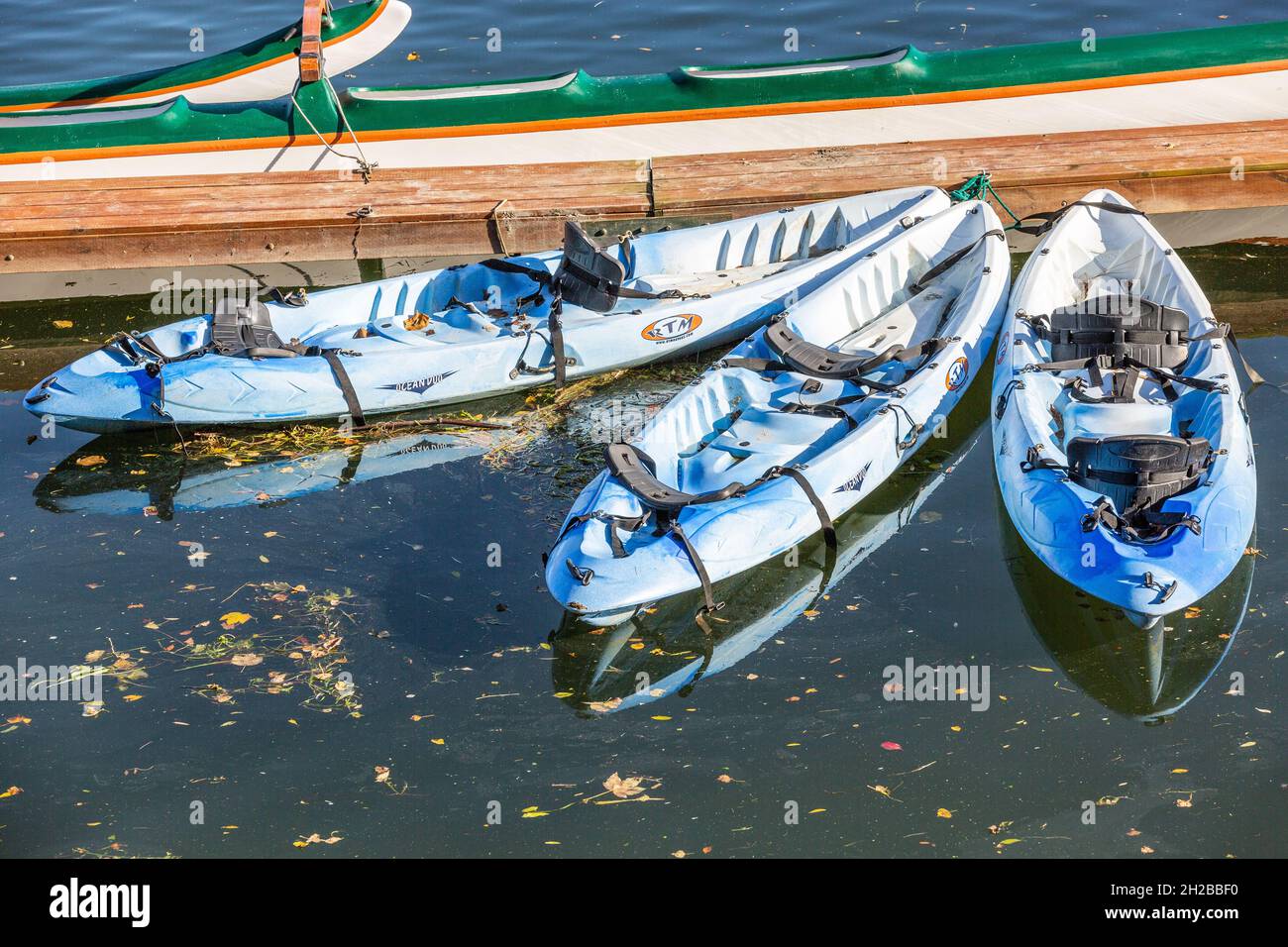 Three blue kayaks moored in the marina of Saint-Valery in Bay of Somme, France Stock Photo