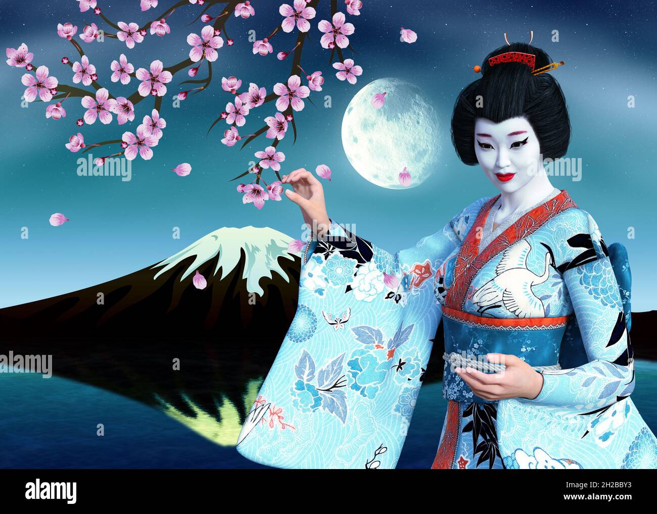 Japanese Geisha in blue kimono and blooming sakura branches at night ...