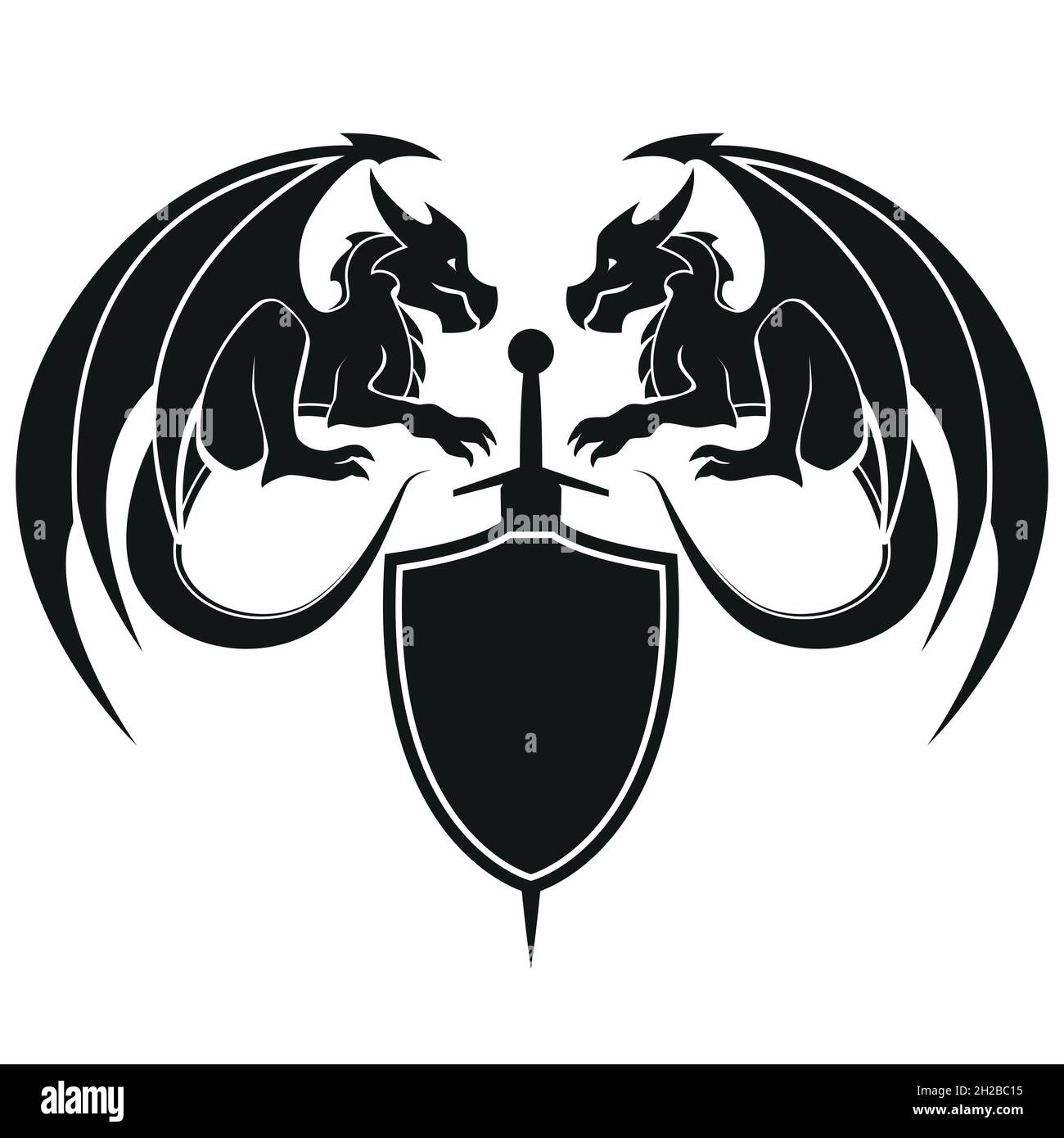 two dragons with sword and shield Dragon symbol, black and white