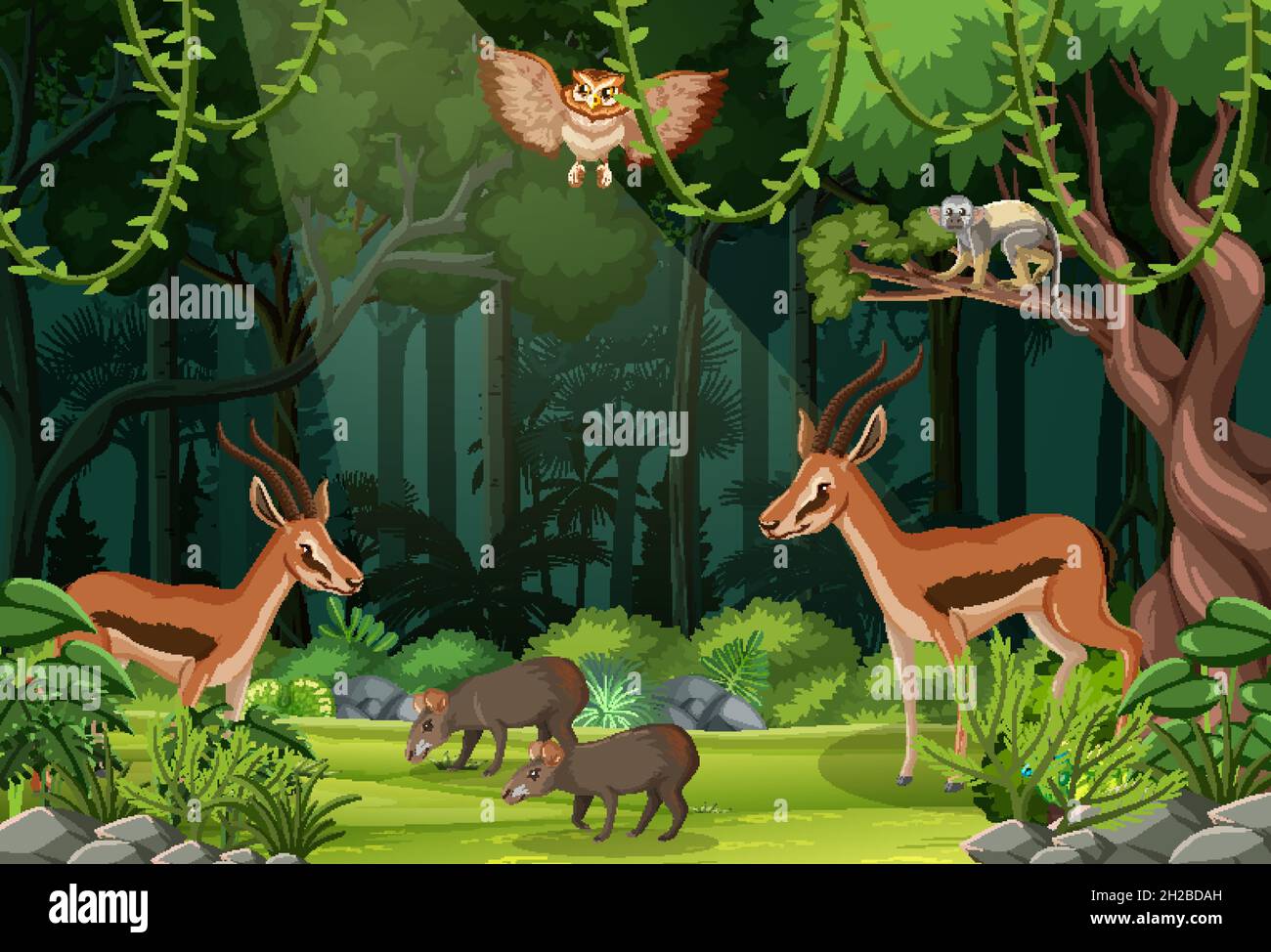 Wild animals in forest landscape background illustration Stock Vector ...
