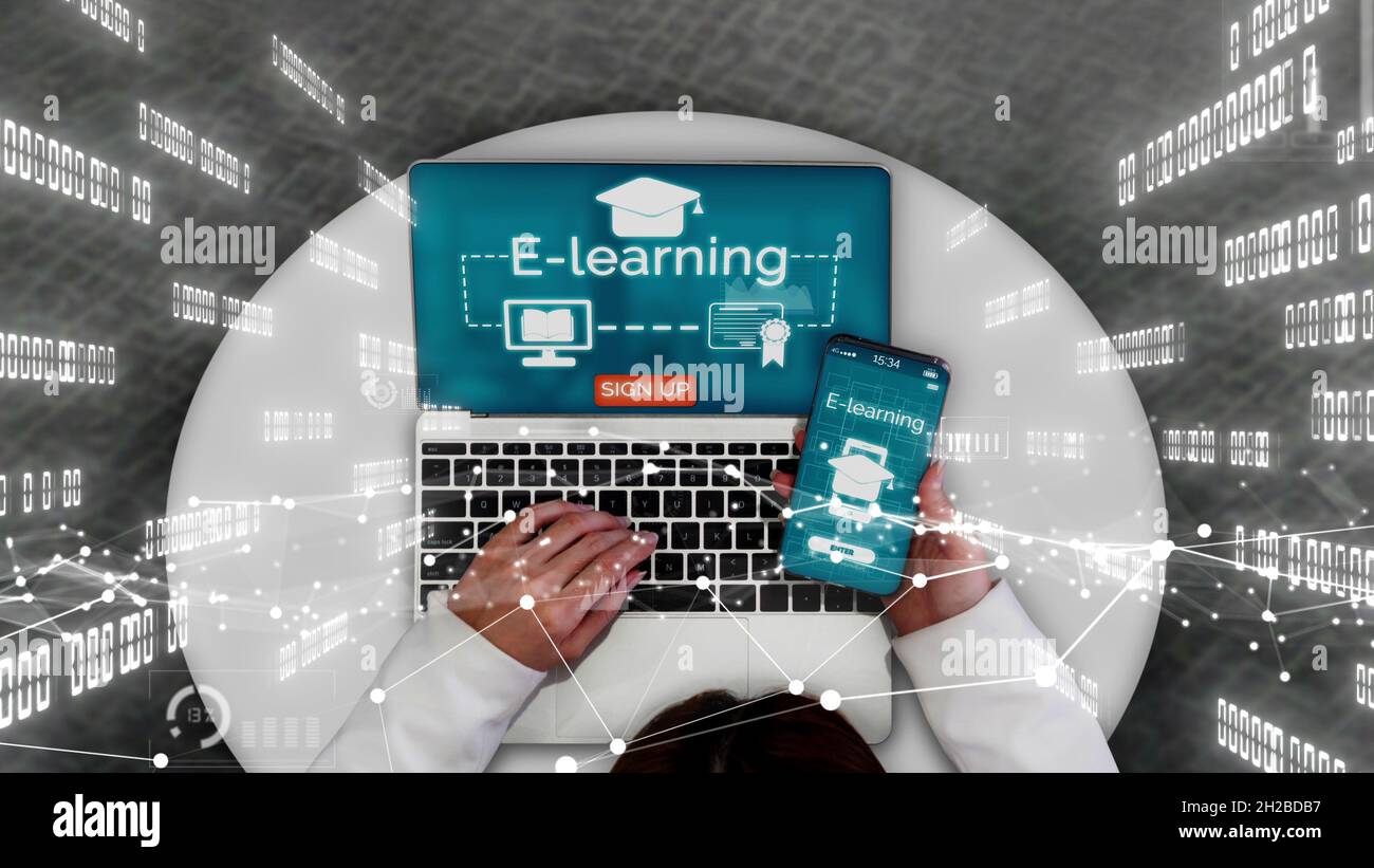 E-learning and Online Education for Student and University conceptual . Graphic interface showing technology of digital training course for people to Stock Photo