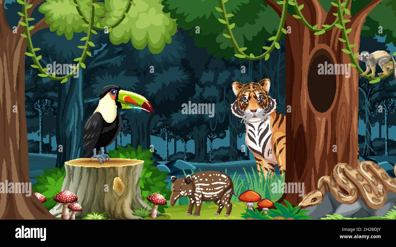 Wild animals in forest landscape background illustration Stock Vector ...