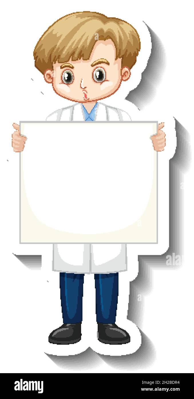 Scientist boy holding empty board cartoon character sticker ...