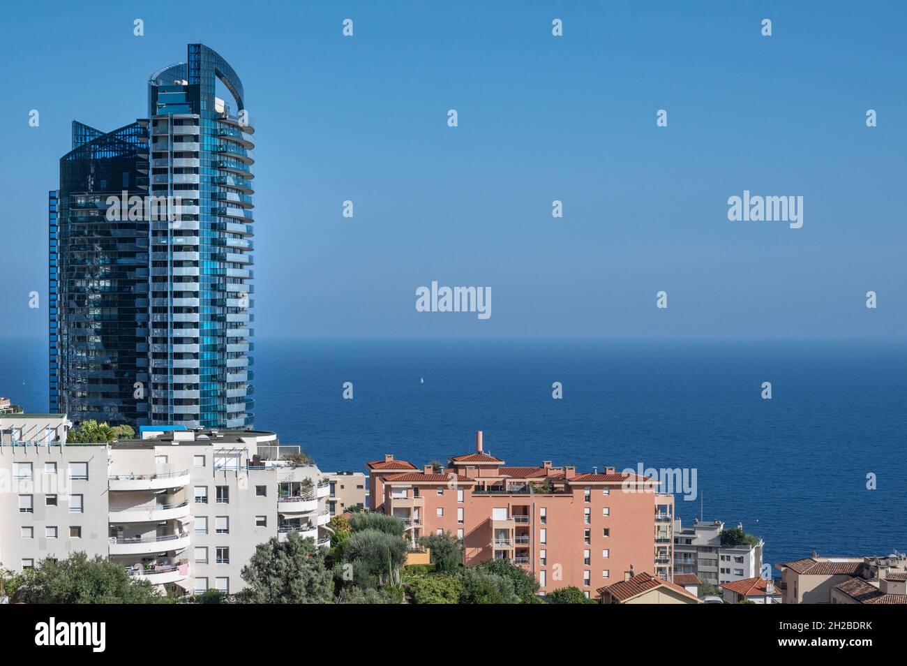 The Tour Odéon on the Avenue de l'Annonciade is the tallest building in Monaco and with 170 metres  second tallest on Europe's Mediterranean shores. Stock Photo