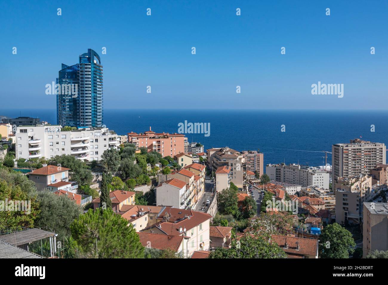 The Tour Odéon on the Avenue de l'Annonciade is the tallest building in Monaco and with 170 metres  second tallest on Europe's Mediterranean shores. Stock Photo